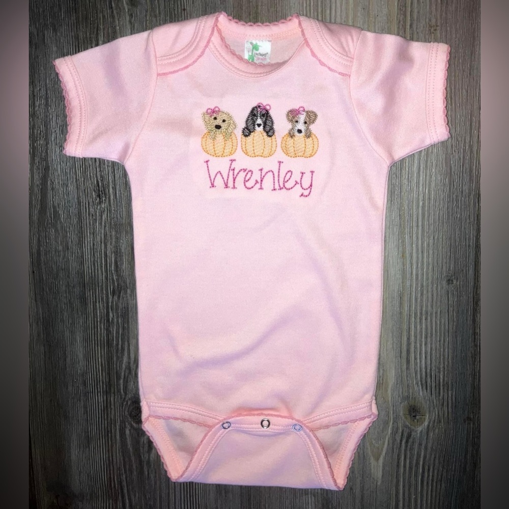 Embroidered Pink Pumpkin Onesie- Monogram Wrenley